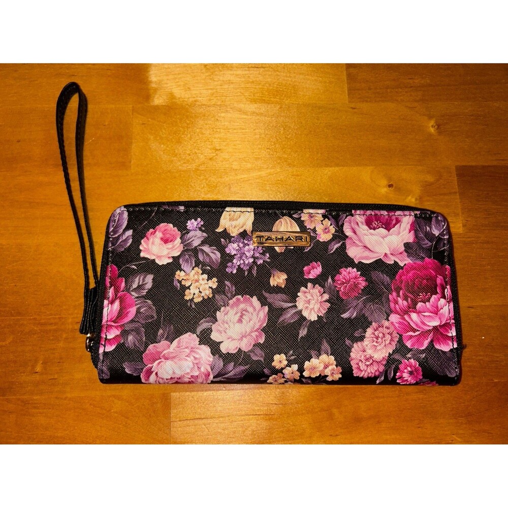 Tahari Black Floral Large Wallet with Wristlet Handle